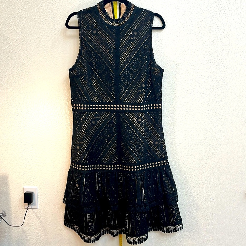 Black netted lace dress with tan lining the whole dress.